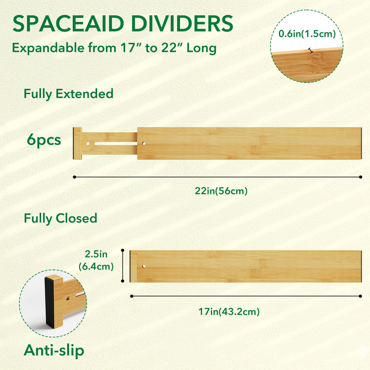 Bamboo Drawer Dividers with Labels, 6 Pack Adjustable Expandable Organizers for Kitchen, Home, Office, Dressers & Bathroom